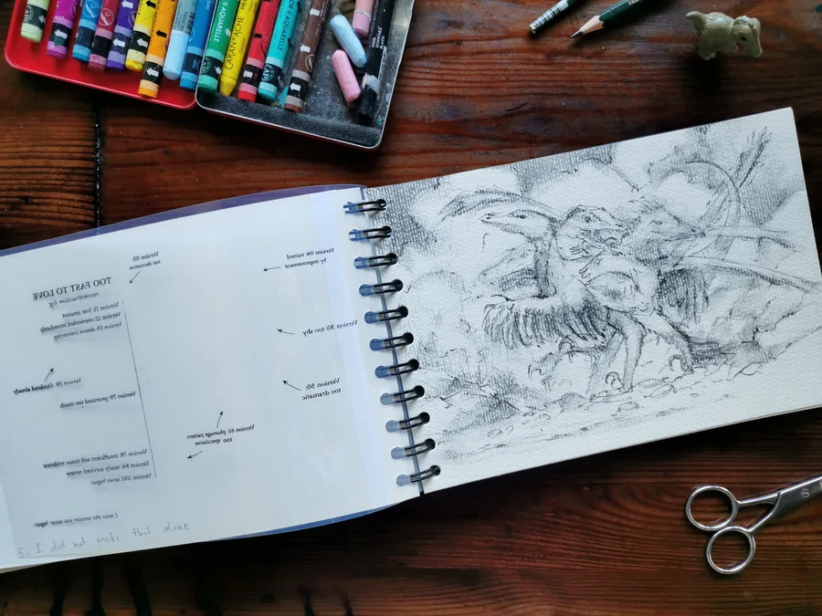 Open Rapty Paints sketchbook with drawings.